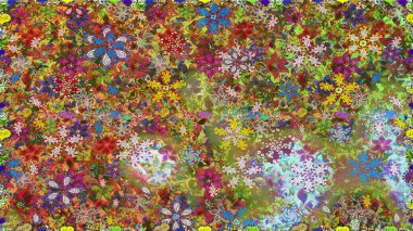 Düz Çiçek Elementleri Tasarımı. Renkli Yaz Temalı Kusursuz Arkaplan. Raster illüstrasyonunda kusursuz çiçek deseni. Kahverengi ve yeşil renkte çiçekler.