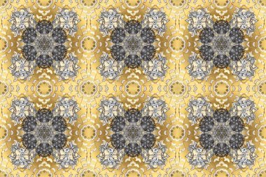 Raster illüstrasyonu. Bej ve gri renklerde altın rengi ve altın elementler. Tekrarlayan elementlerle soyut arkaplan oluşturun. Kusursuz, klasik altın desen..