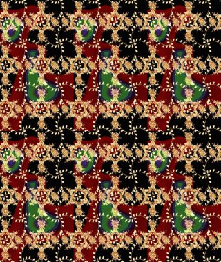 Kabile sanatı boho baskısı, klasik çiçek arkaplanı. Arkaplan dokusu, duvar kağıdı, çiçek temalı siyah renkler. Soyut etnik raster çizim kalıbı.