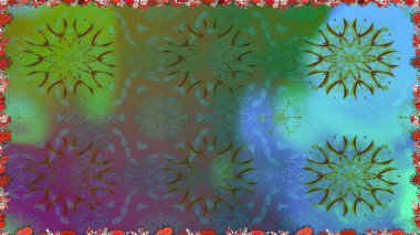 Renkli Bahar Temalı Kusursuz Arkaplan. Düz Çiçek Elementleri Tasarımı. Sevimli çiçek raster deseni. Yeşil ve mavi renkte çiçekler.