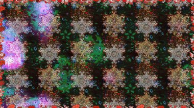 Raster Floral Illustration, Asyalı tekstil. Gri ve kahverengi renkte etnik çiçeklerle kusursuz bir desen..