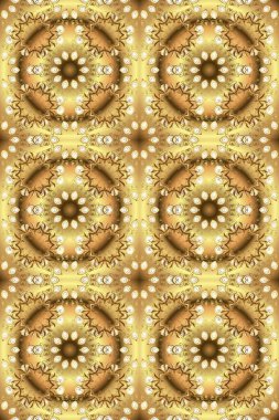 Bej, sarı ve kahverengi renklerde, etnik mandala süslemesi olan Raster doodle eskiz deseni. Özet.