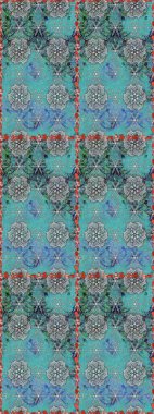 Güzel çiçekli kusursuz desen ve mavi renkli yapraklar, suluboya çiçek deseni, duvar kağıdı, kart ya da kumaş için fayanslı. Raster illüstrasyonu.