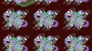 Suluboya, elle çizilmiş. Kahverengi üzerine çiçekler. Raster hisseleri. Taslak arkaplan deseni.