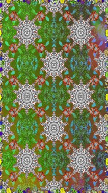 Düz Çiçek Elementleri Tasarımı. Renkli Bahar Temalı Kusursuz Arkaplan. Raster illüstrasyonu. Çiçekli, suluboya desenli kusursuz çiçek deseni. Yeşil ve gri renkte çiçekler.