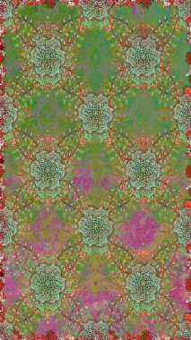 Ağaç dallı bahar çiçekleriyle desen, yeşil renklerde ve çiçek siluetiyle nötr renkler. Raster deseni.