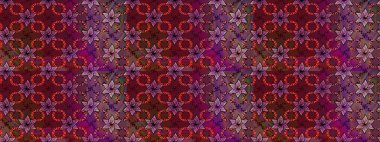 Tekstil, kumaş, ambalaj, hatıra defteri için hoş bir çiçek arkaplanı. Mor ve kırmızı arka planda. Çocuksu tasarım. Elle çizilmiş karalama çiçekleri ile Raster çizim deseni.