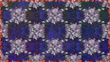 Raster illüstrasyonu. Mor ve gri renkte çiçekler. El çizimi çiçekleri olan soyut, pürüzsüz desen.