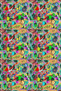 Kusursuz bir arka plan modeli. - Stok. Yapraklı çiçekler ve kır çiçekli papatya çiçekleri, yeşil ve mavi renkler.