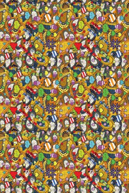 Düz Çiçek Elementleri Tasarımı. Kusursuz çiçek deseni yerleştirildi. Renkli Bahar Temalı Kusursuz Arkaplan. Sarı, mavi ve beyaz renkte çiçekler.