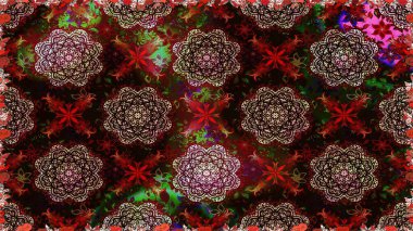 El çizimi Raster çizimi. Duvar kağıdı, web sitesi arka planı, ambalaj kağıdı, davetiye, broşür, afiş veya web sitesi için kusursuz çiçek deseni kullanılabilir. Parlak elementlerin.