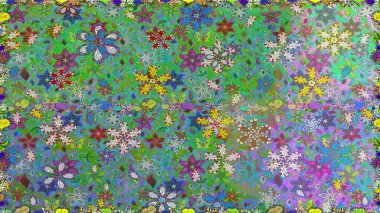 Kusursuz Renksiz Bahar Temalı Kusursuz Arkaplan. Yeşil ve mavi renkte çiçekler. Düz Çiçek Elementleri Tasarımı. Sevimli çiçek raster deseni.