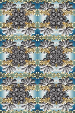 Altın element gri, nötr ve mavi renklerde. Damask kusursuz yinelenen arkaplan. Barok tarzında altın çiçekli süs. Doku arkaplanı üzerine altın duvar kağıdı.