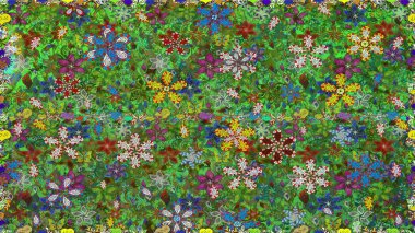 Sanat, esinlenerek ve kahverengiye benzer çiçekler bırakır. Yeşil ve kahverengi el çizimi desen. Raster deseni. Karalama çiçekleri kusursuz desen.