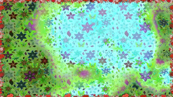 Kusursuz çiçek deseni. Yeşil ve mavi renkli Asya tekstili. Raster illüstrasyonu.