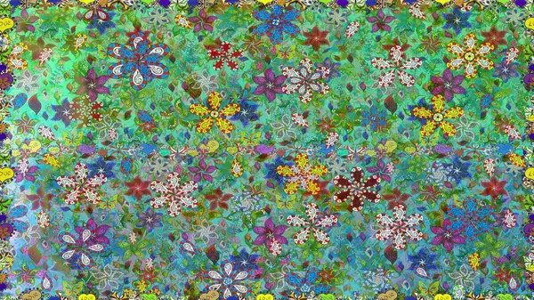 Arkaplan dokusu, duvar kağıdı, yeşil ve mavi renkli çiçek teması. Soyut etnik raster kusursuz desen. Kabile sanatı boho baskısı, klasik çiçek arkaplanı.