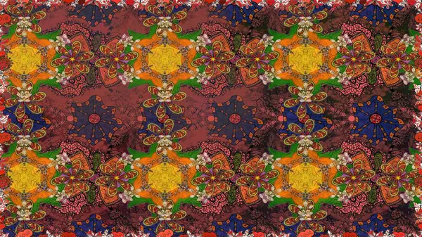 Kahverengi ve turuncu renklerde bahar çiçekleri. Raster çiçekleri klasik tarzda çizilmiş. Çiçekli, pürüzsüz bir desen. Raster illüstrasyonu.