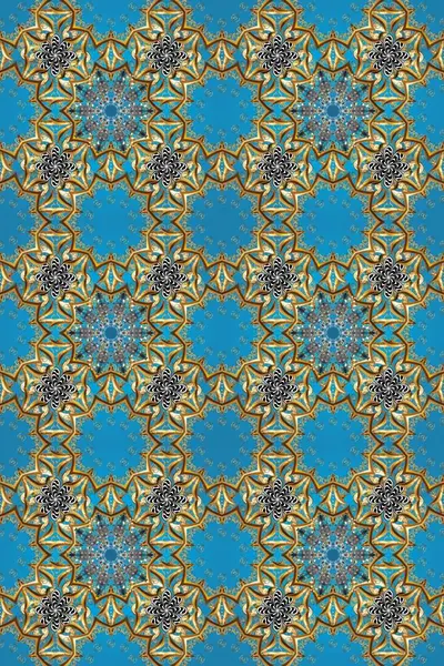 Damask altın soyut çiçek deseni mavi, kahverengi ve nötr renklerde. Raster illüstrasyonu. Süsleme.