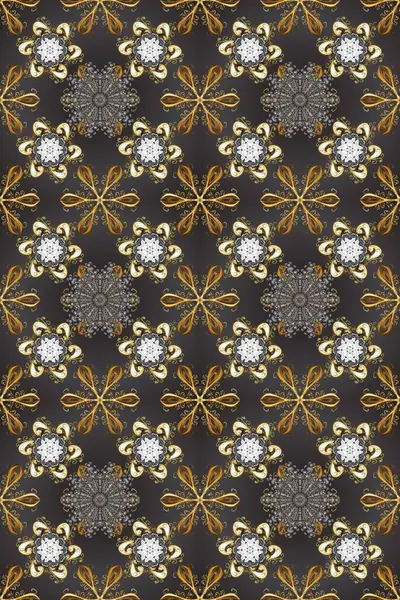 Kına dövmeli süs çiçekleri, altın çıkartmalar, mehndi ve yoga tasarımı, kartlar ve parmak izleri. Raster Golden Mehndi kusursuz desen. Gri, kahverengi ve bej renkli desen.