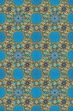 Damask altın soyut çiçek deseni mavi, kahverengi ve nötr renklerde. Raster illüstrasyonu. Süsleme.