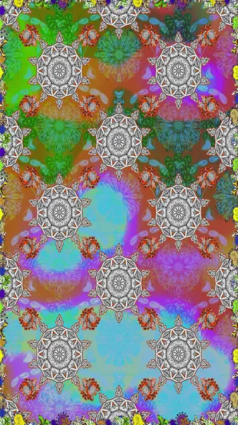 Karalama çiçeği. Raster illüstrasyonu. Düz Çiçek Elementleri Tasarımı. Güzel kumaş deseni. Renkli Bahar Temalı Kusursuz Arkaplan. Zentangle soyut çiçekleri.