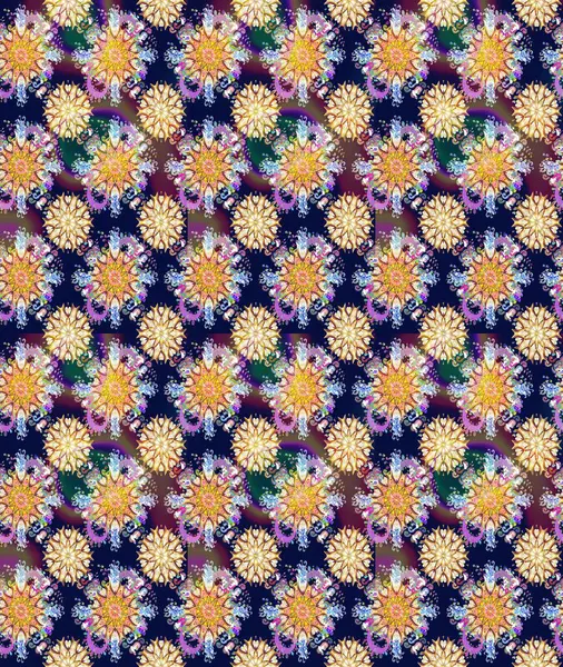 Raster illüstrasyonu. Mavi ve nötr renklerde çiçekler. Kusursuz çiçek deseni. Raster illüstrasyonu. Asya tekstil tarzında.