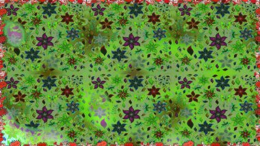 Yeşil renkli çiçekler. Renkli Bahar Temalı Kusursuz Arkaplan. Düz Çiçek Elementleri Tasarımı. Raster illüstrasyonunda kusursuz çiçek deseni.