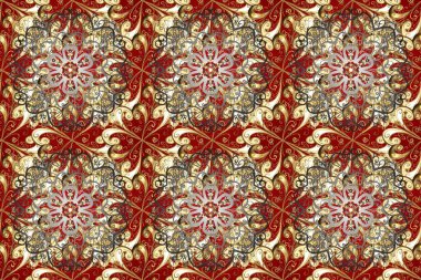 Kırmızı, kahverengi ve bej renklerde altın elementlerle kusursuz klasik desen. Noel, kar tanesi, yeni yıl 2019.