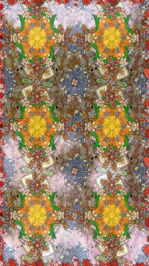 Yapraklı çiçekler ve kahverengi, nötr ve bej renkte mısır çiçekli papatya çayı. Raster - stok. Kusursuz arkaplan deseni.