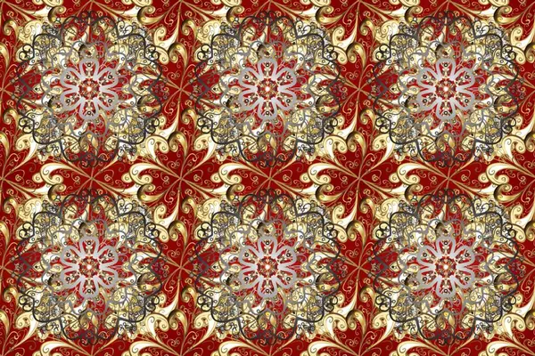 Kırmızı, kahverengi ve bej renklerde altın elementlerle kusursuz klasik desen. Noel, kar tanesi, yeni yıl 2019.