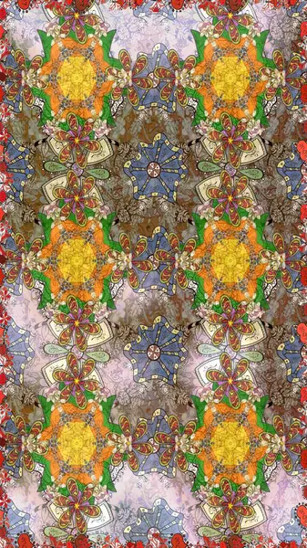 Yapraklı çiçekler ve kahverengi, nötr ve bej renkte mısır çiçekli papatya çayı. Raster - stok. Kusursuz arkaplan deseni.