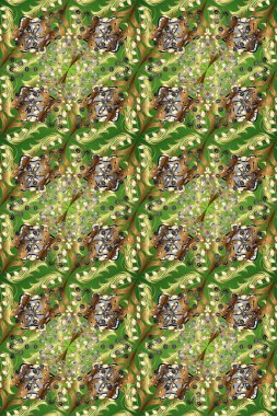 Tarafsız, kahverengi ve altın elementli yeşil renklerde altın pürüzsüz desen. Noel, kar tanesi, yeni yıl. Tarafsız, kahverengi ve yeşil renklerde, altın elementlerle kusursuz klasik desen.