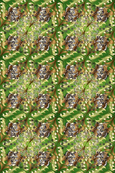 Tarafsız, kahverengi ve altın elementli yeşil renklerde altın pürüzsüz desen. Noel, kar tanesi, yeni yıl. Tarafsız, kahverengi ve yeşil renklerde, altın elementlerle kusursuz klasik desen.