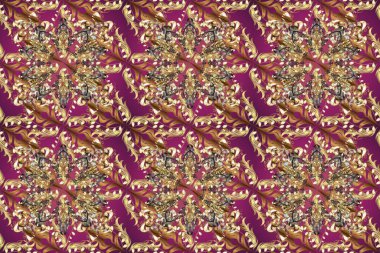 Mor, kahverengi ve bej renklerdeki altın desenli altın elementler. Süslü raster dekorasyonu. Barok tarzında duvar kağıdı tasarımı için kusursuz damaske deseni arkaplanı.