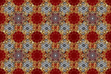 Raster illüstrasyonu. Altın elementli kırmızı, gri ve kahverengi renklerde klasik, pürüzsüz desen.