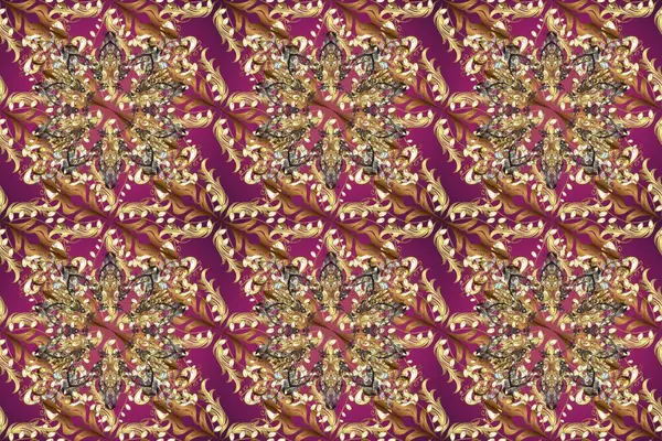 Mor, kahverengi ve bej renklerdeki altın desenli altın elementler. Süslü raster dekorasyonu. Barok tarzında duvar kağıdı tasarımı için kusursuz damaske deseni arkaplanı.