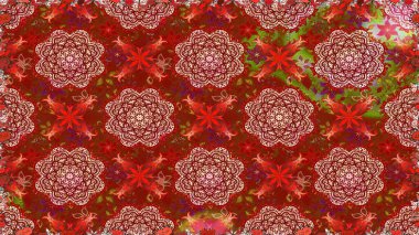 Millefleur 'lar. Küçük kırmızı ve kahverengi renkte oldukça eski bir besin torbası deseni, çiçekler. Tekstil, kumaş, kapaklar, duvar kağıtları, baskı, naylon, yapıştırma, örgü, dekupaj için çiçeksiz arkaplan.