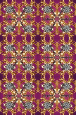 Altın rengi, kusursuz çizim. Raster geometrik arka plan. Mor, kahverengi ve bej renklerinde, altın çiçekli altın desenler. Senin tasarımın için, duvar kağıdı..