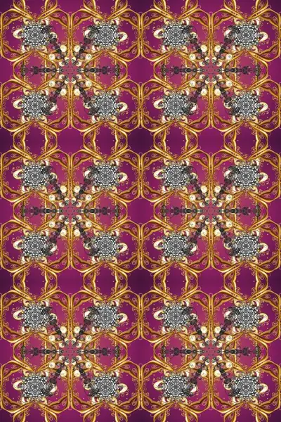 Altın rengi, kusursuz çizim. Raster geometrik arka plan. Mor, kahverengi ve bej renklerinde, altın çiçekli altın desenler. Senin tasarımın için, duvar kağıdı..