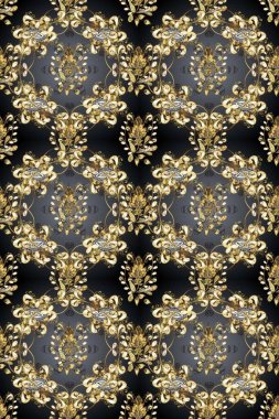Gri, kahverengi ve bej renklerde altın. Dekoratif simetri arabesk. Raster illüstrasyonu. Kusursuz ortaçağ çiçek deseni. Doğum günü, davetiye ya da afiş için tebrik kartı.