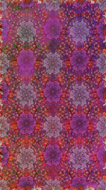 Millefleur 'lar. Küçük mor kahverengiyle, çiçeklerle oldukça kaliteli bir besin torbası deseni. Tekstil, kumaş, kapaklar, duvar kağıtları, baskı, naylon, yapıştırma, örgü, dekupaj için çiçeksiz arkaplan.