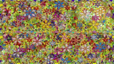 Raster illüstrasyonu. Kusursuz çiçek deseni. Asya tekstil tarzında. Yeşil ve kahverengi renkli çiçekler. Raster illüstrasyonu.