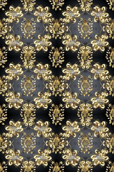 Gri, kahverengi ve bej renklerde altın. Dekoratif simetri arabesk. Raster illüstrasyonu. Kusursuz ortaçağ çiçek deseni. Doğum günü, davetiye ya da afiş için tebrik kartı.