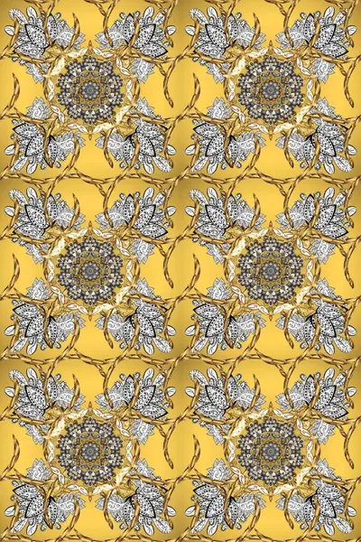 Sarı, gri ve kahverengi renklerde altın element. Damask arkaplanı tekerrür ediyor. Barok tarzında altın çiçek süsü. Antika altın tekrarlanabilir duvar kağıdı.