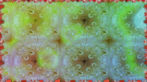 Raster illüstrasyonu. Raster çiçekleri klasik tarzda çizilmiş. Çiçekli, pürüzsüz bir desen. Yumuşak, bahar çiçekleri yeşil ve nötr renklerde.