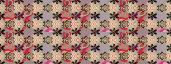 Çiçekler bej ve nötr renklerde. Renkli Yaz Temalı Kusursuz Arkaplan. Raster illüstrasyonunda kusursuz çiçek deseni. Düz Çiçek Elementleri Tasarımı.