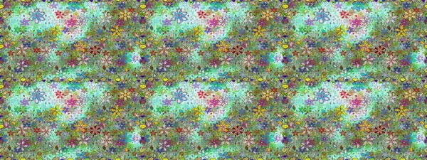 Renkli Bahar Temalı Kusursuz Arkaplan. Raster Modaya uygun kumaş deseni. Yeşil renkli şirin çiçek deseni. Düz Çiçek Elementleri Tasarımı.