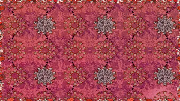 Raster Floral Illustration, Asyalı tekstil. Pembe ve kırmızı renklerde etnik çiçeklerle kusursuz bir desen..