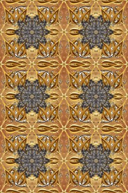 Altın antika ortaçağ dekoratifi, yapraklar ve kahverengi, bej ve gri renkte altın desenli süslemeleri olan pürüzsüz bir desen. Kusursuz kraliyet lüksü, altın barok kumaş rengi..