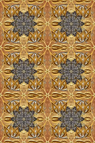 Altın antika ortaçağ dekoratifi, yapraklar ve kahverengi, bej ve gri renkte altın desenli süslemeleri olan pürüzsüz bir desen. Kusursuz kraliyet lüksü, altın barok kumaş rengi..